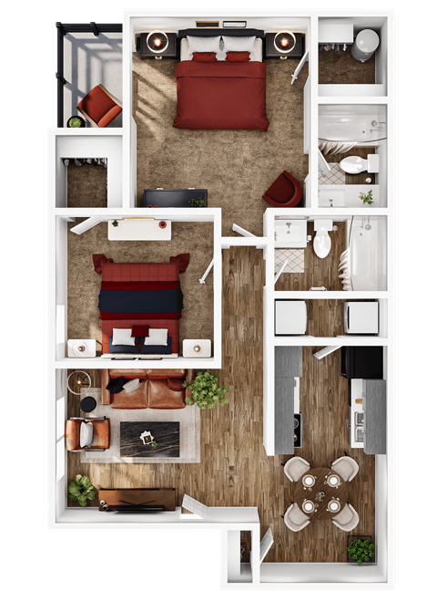 Floor plan for 2 beds, 2 baths, 889 sqft